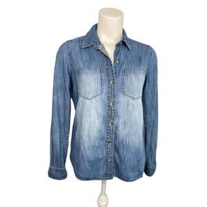 SO‎ Juniors Medium Wash Blue Denim Chambray Long Sleeve Cotton Top sz Small